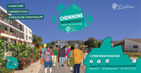 une rue avec des immeuble en photographie. Au milieu de la rue, des personnages dessinés marchent dans le rue, on les voit de dos